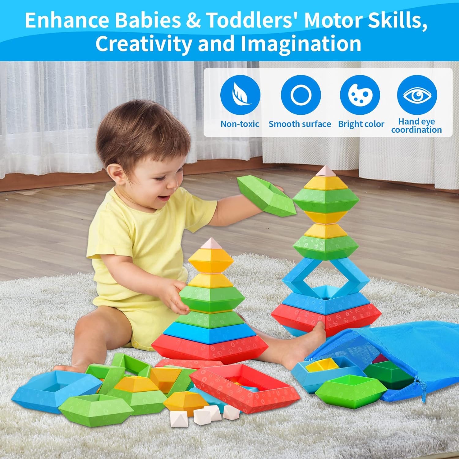 Hieoby Montessori Toys for 1 2 3 4 5 Year Old Boys Girls Toddlers Preschool Learning Activities 30Pcs Building Blocks Stacking Educational Toys STEM Sensory Toys Gifts for Kids Age 1-2 2-4,Blue