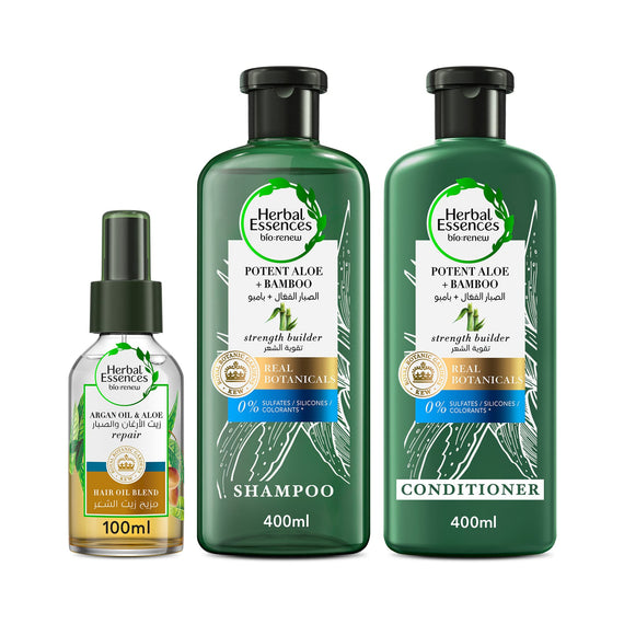 Herbal Essences Hair Strengthening Sulfate Free Potent Aloe Vera with Bamboo Natural For Dry Hair (Shampoo 400ml + Conditioner 400ml + Oil 100ml)