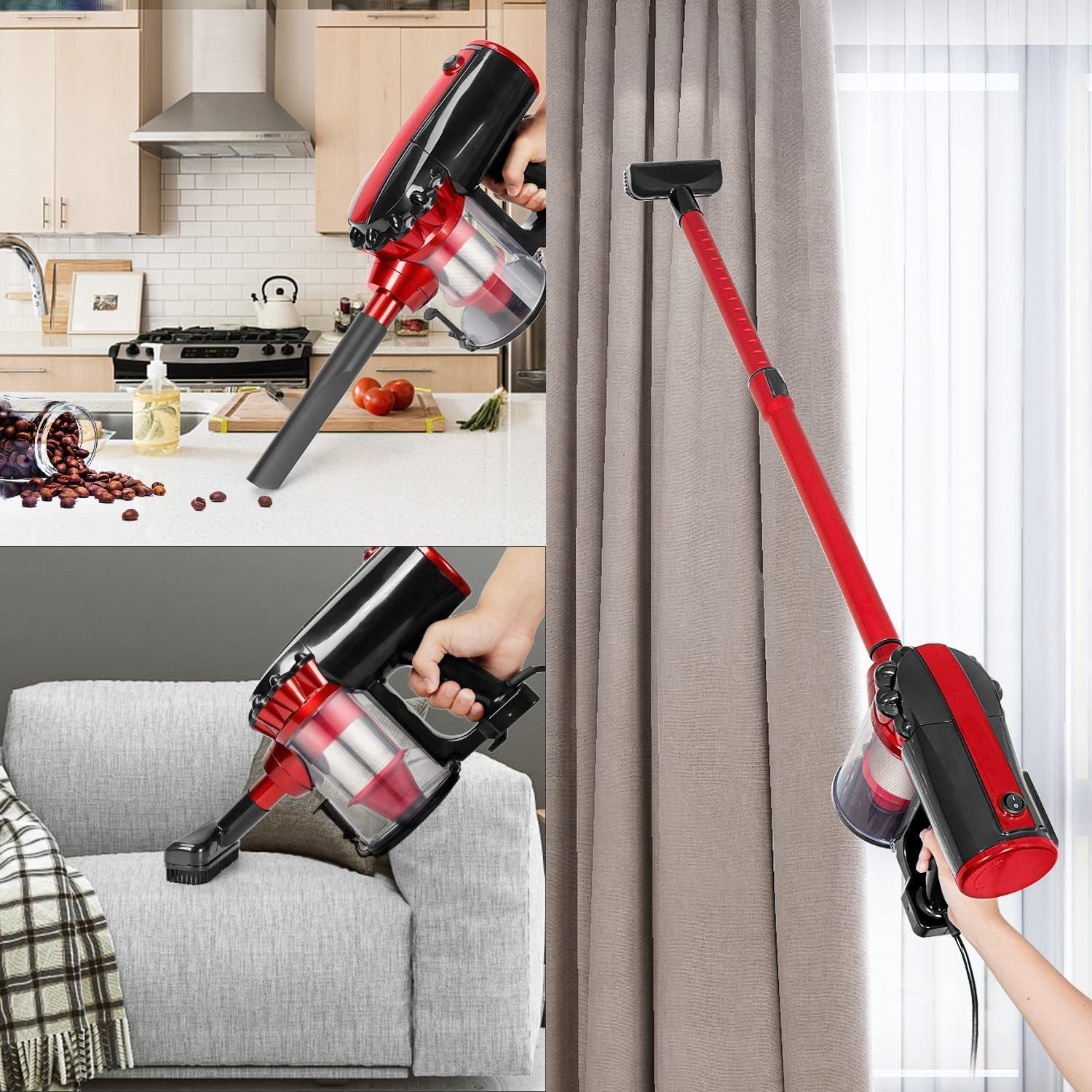 SINCHER Vacuum Cleaner Corded with 17KPa Handheld Vacuum Powerful Suction, Adjustable Lightweight 3 in 1 Stick Vacuum with HEPA Filter for Hard Floor