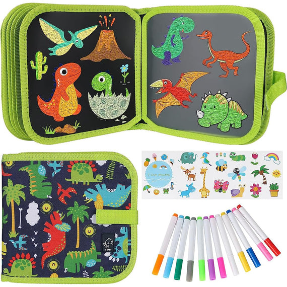 LinJie Kids Erasable Doodle Book Set,Reusable Sketchpad Painting Book With 14 Page+12 Pens，Road Trip Car Toy Scribbler Board,Game Writing Painting Set For Boys And Girls. (Green Dinosaur)
