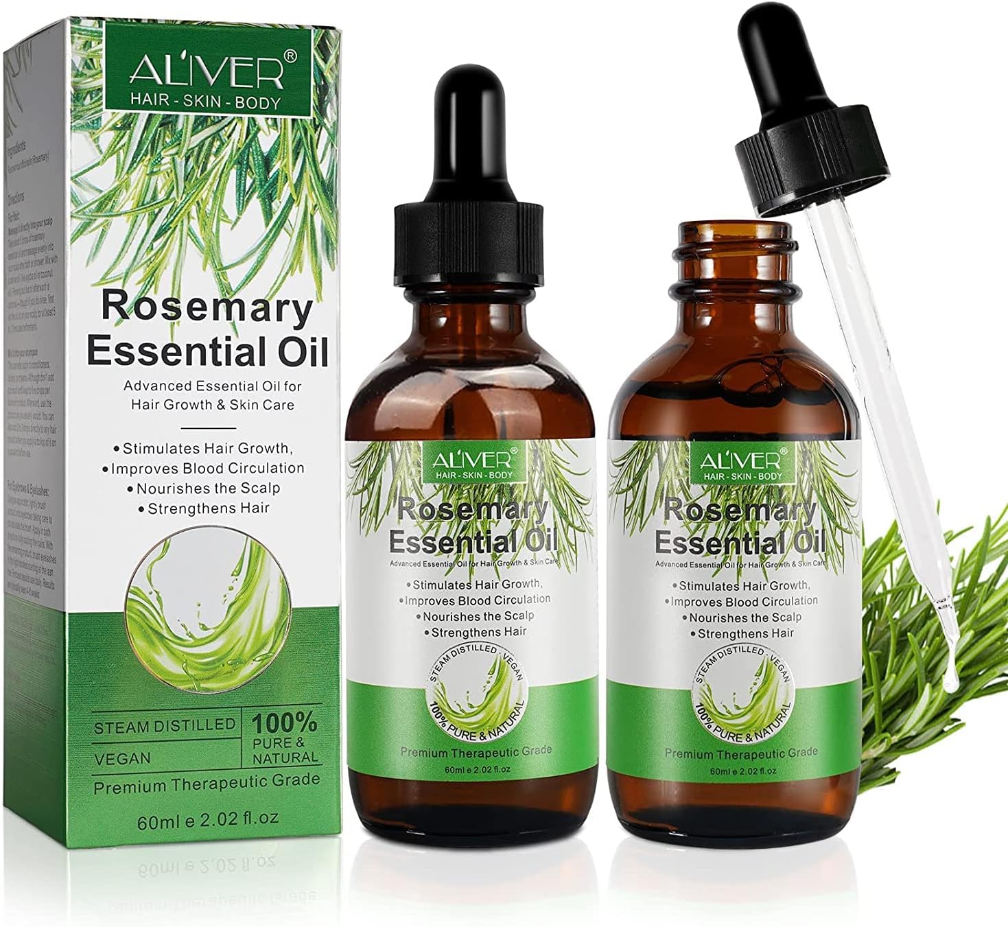 ALIVER (2 Pack) Rosemary Essential Oil, Rosemary Oil for Hair Growth, Therapeutic Grade Organic Rosemary Oil for Scalp Massager Hair Growth