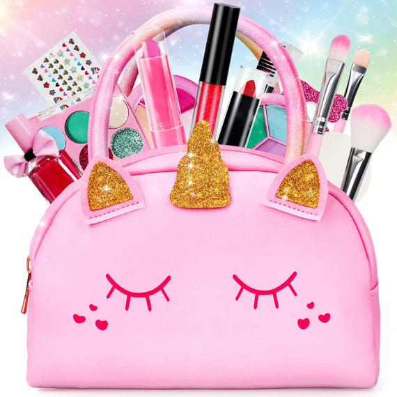 LinJie Makeup Kit for Girls, With Pink Unicorn Bag, Safe Non-Toxic,、Washable Makeup Toys、 Children's Real Makeup Bag For Little Girls, Playing With Makeup Children's Birthday Gifts