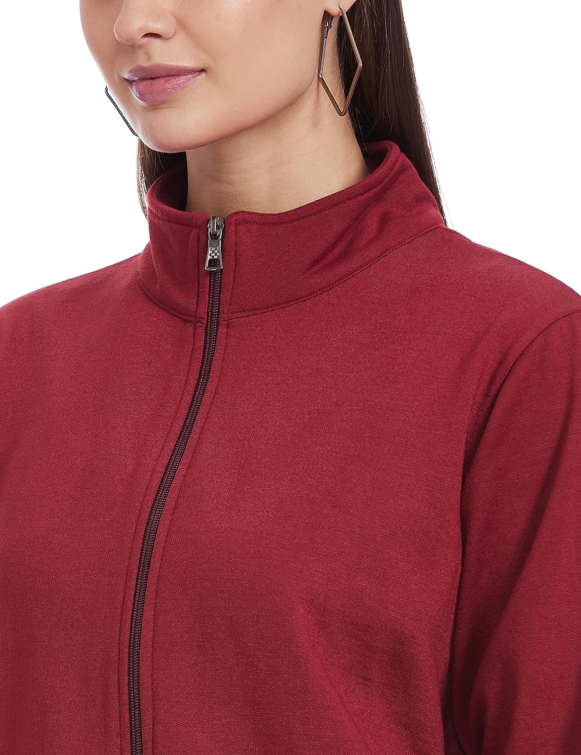 Styleville.in Women's High Neck Zipper With Self Rib On Neck Sleeves And Bottom